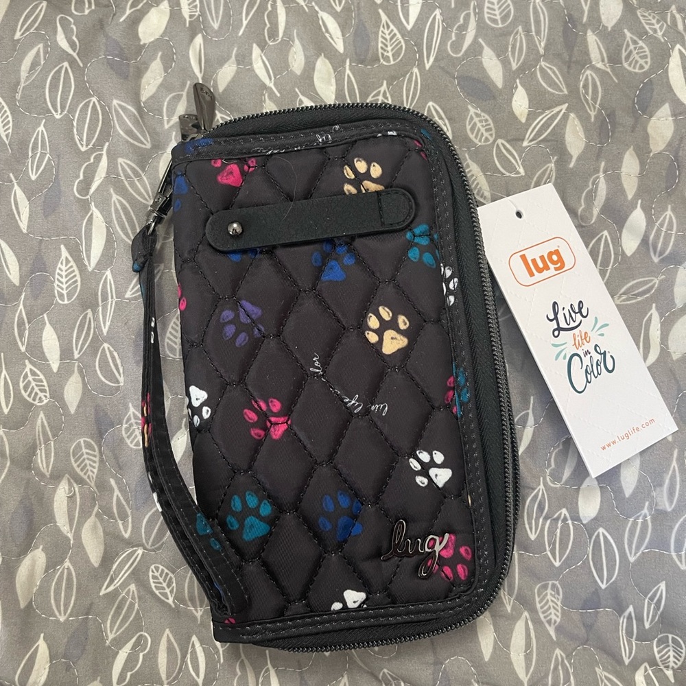 Lug Super Tram Black Quilted Wristlet with Colorful Paw Prints
